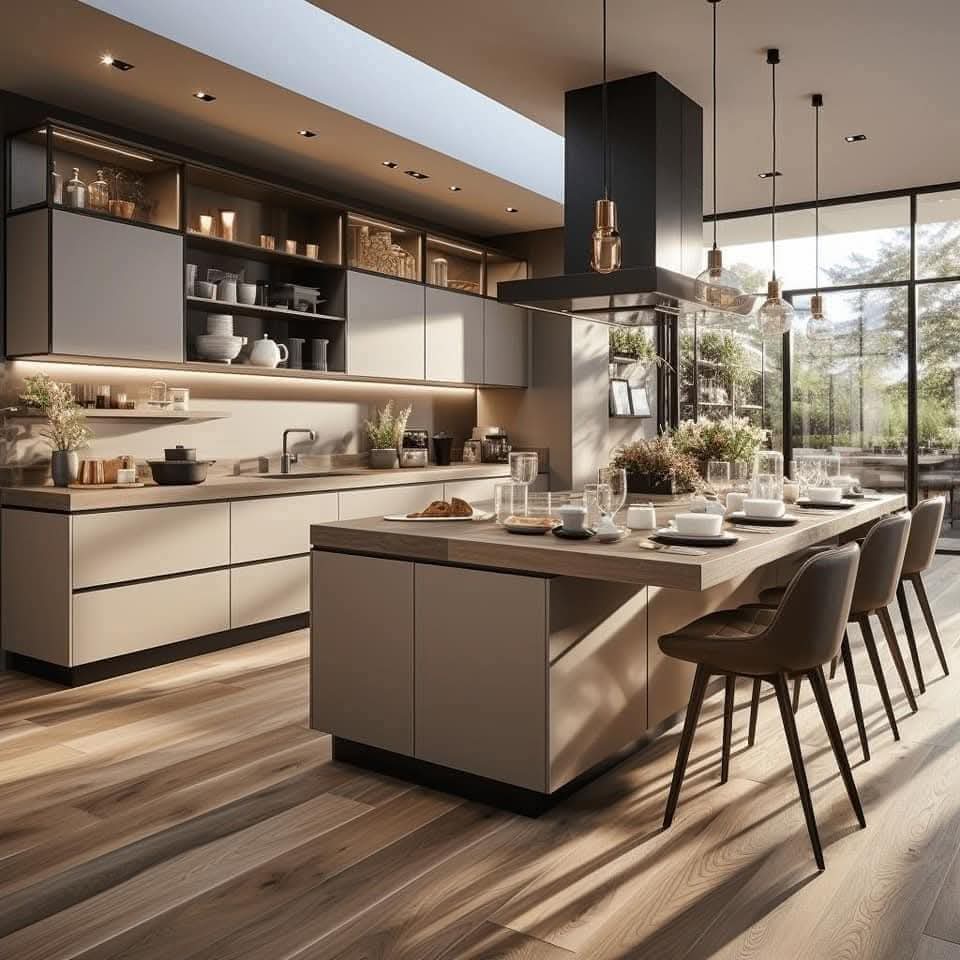 Sunlit contemporary kitchen with island dining