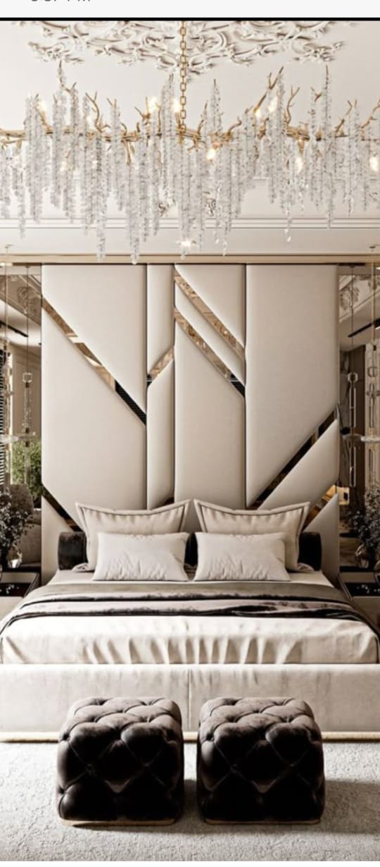 Bright bedroom with crystal chandelier