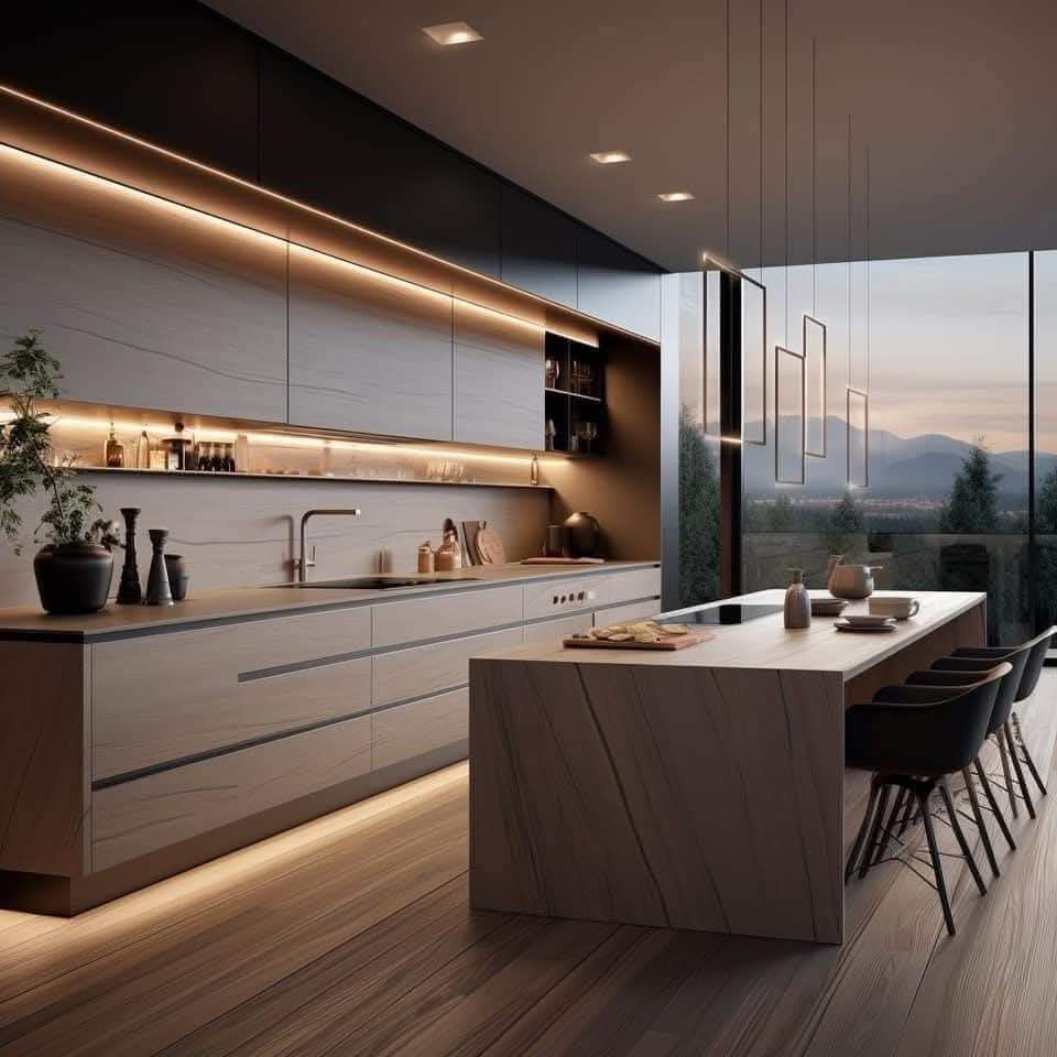 Warm modern kitchen with island
