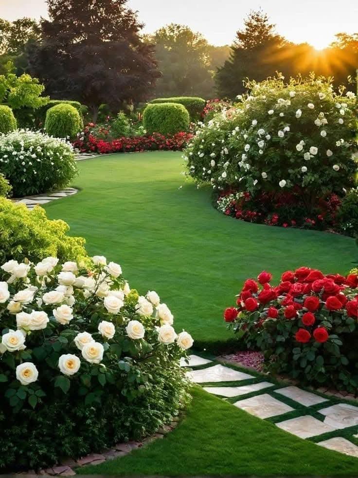 Formal garden with roses and clipped shrubs